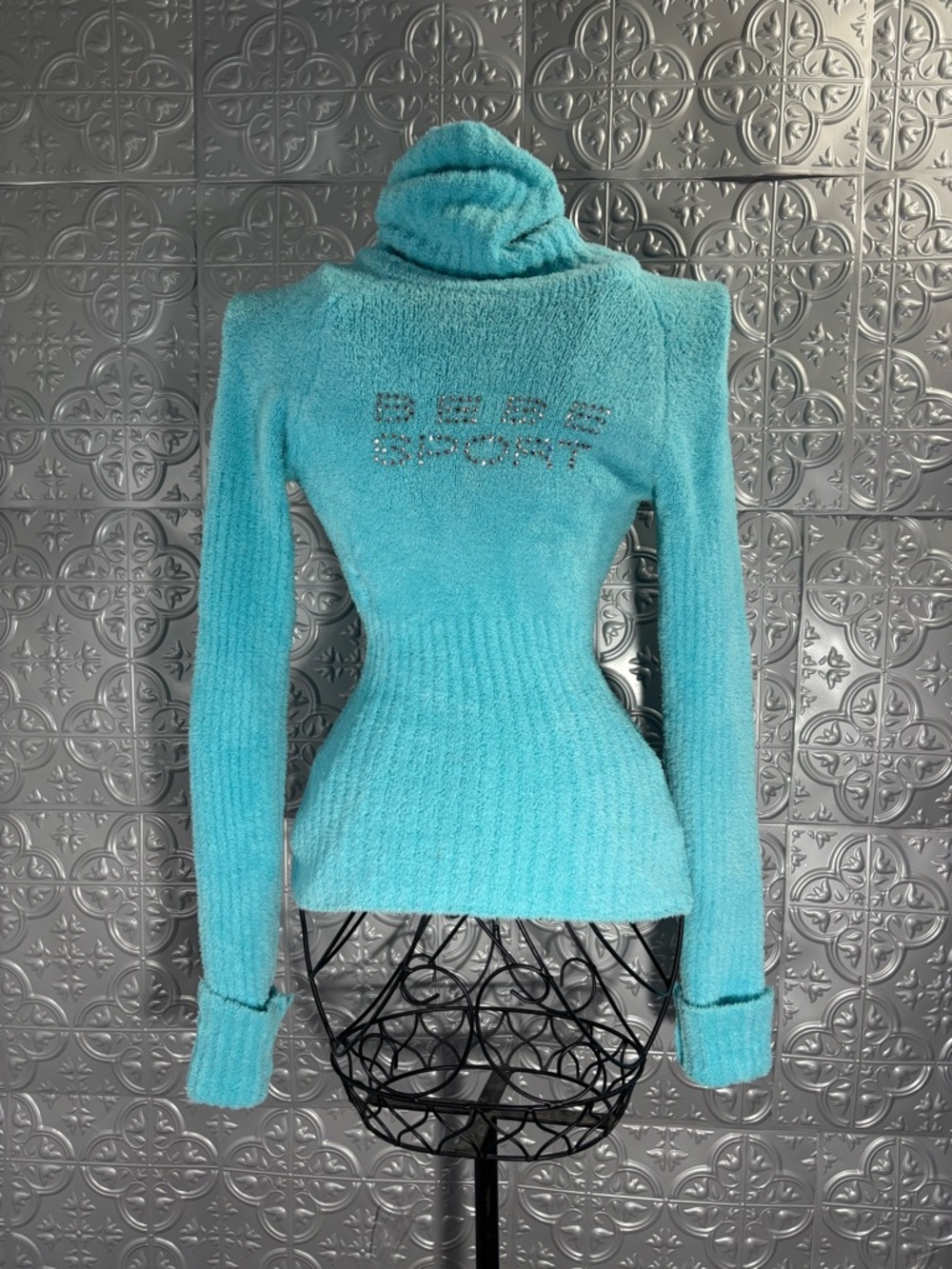 Bebe sport chick baby blue turtleneck sweater rhinestone 2000s rare htf size xs
